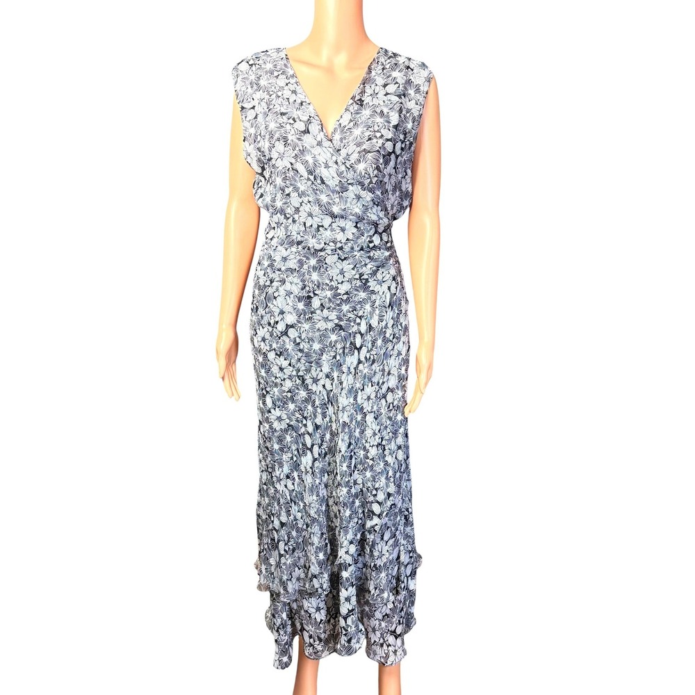 Women Y2K Black White Floral 100% Silk Sleeveless V-Neck Maxi Wrap Dress Size 14